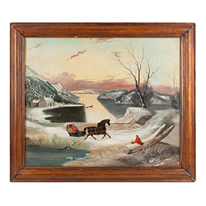 Painting, Winter Landscape, Frozen Lake, Sleigh Ride Inventory Thumbnail