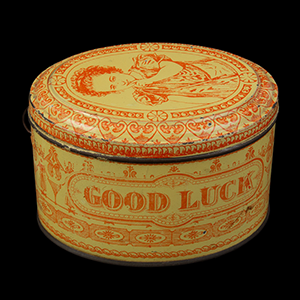 Good Luck Tin Litho Box, Red and Yellow, Bail Handle Inventory Thumbnail