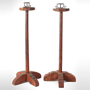 Standing Pricket Candlestands, Pair, Original Red Painted Surface Inventory Thumbnail