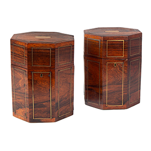 A Pair of Rosewood & Brass Inlayed Octagonal Bottle Cases / Decanter Boxes Inventory Thumbnail