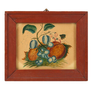 American Folk Art Watercolor Theorem, Fruits, Strong Color, Red Painted Frame Inventory Thumbnail