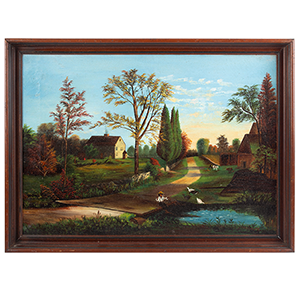 Landscape Painting, Bucolic Countryside, Child Fishing, Horse, House & Barn Inventory Thumbnail
