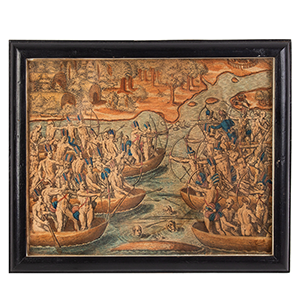 Framed Engraving, Battle Between Native Tribes, Engraved by Theodore de Bry Inventory Thumbnail