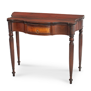 A Fine Massachusetts Serpentine Games Table with Drawer in Figured Wood Inventory Thumbnail