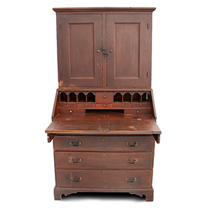 Country Chippendale Secretary Desk in Original Red Paint Inventory Thumbnail