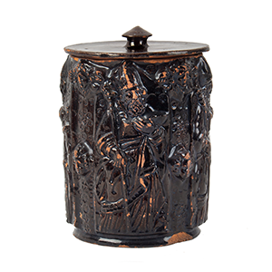 Mid-Atlantic Religious Tobacco Jar With Lid Adorned With Images Of Saint Ambrose Inventory Thumbnail