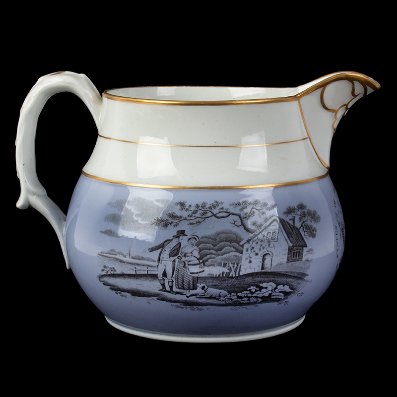 Rare Staffordshire Transfer Printed on Lavender Ground Pitcher