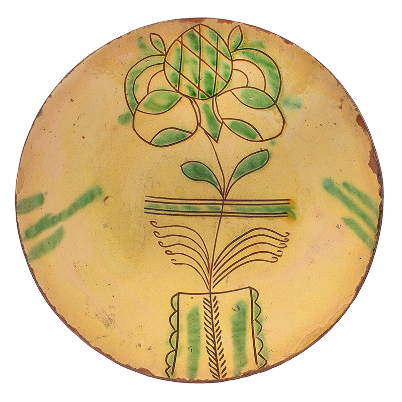 Early 19th Century Sgraffito Decorated Redware Plate Possibly Made by Henry