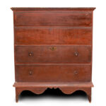 1255-52_1_Two-Drawer-Blanket-Chest,-CT,-Scalloped-Apron,-Old-Red-Paint