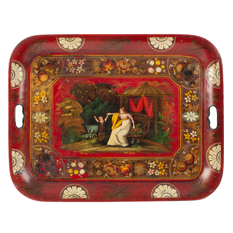 A Fine Tole Tray: Classical Vignette, Mother & Child, Red Ground