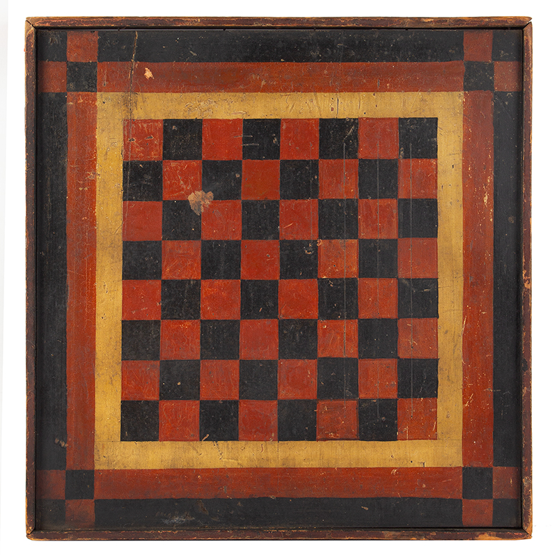A Nineteenth Century Folk Art Painted Game Board, Checkers & Parcheesi