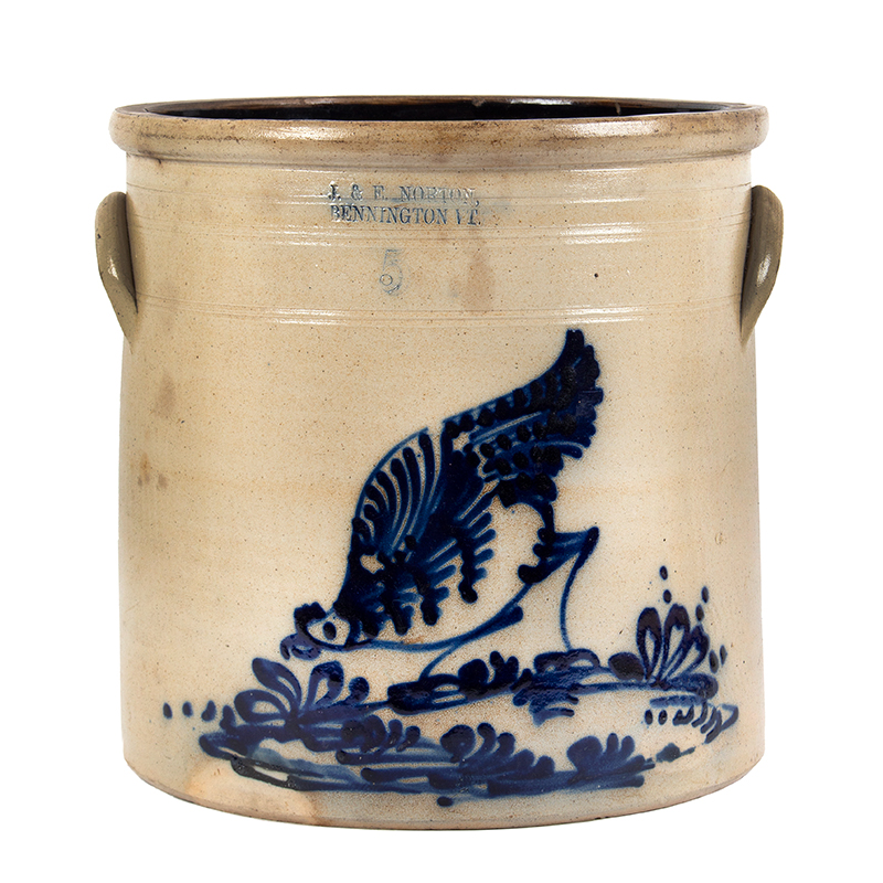 5 Gal. J. & E. Norton / Bennington, Vermont – Stoneware, Pecking Chicken Crock