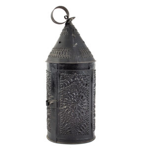 Pierced and Punched Tinned Sheet-Iron Candle Lantern in Old Black Paint Inventory Thumbnail