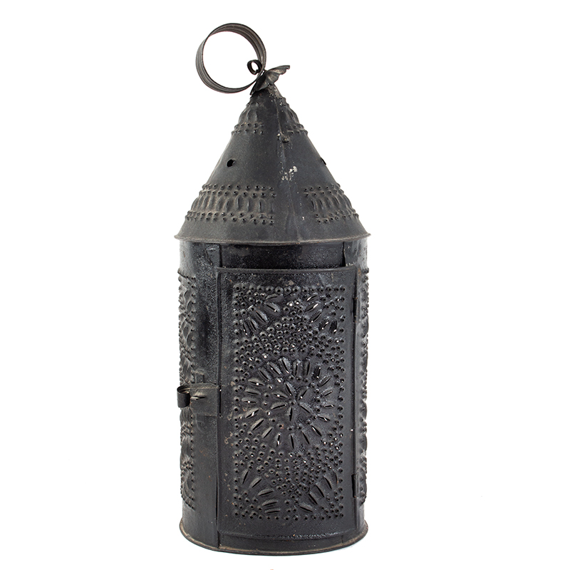 Pierced and Punched Tinned Sheet-Iron Candle Lantern in Old Black Paint