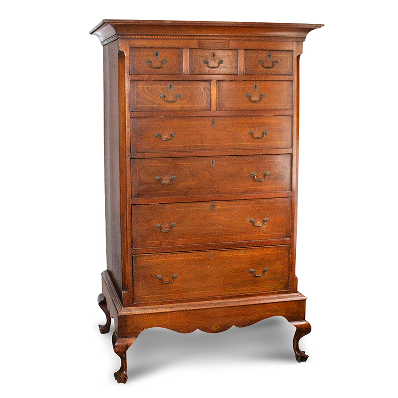 Pennsylvania Inlaid Chest on Frame Raised on Bandy Legs, Trifid Feet 