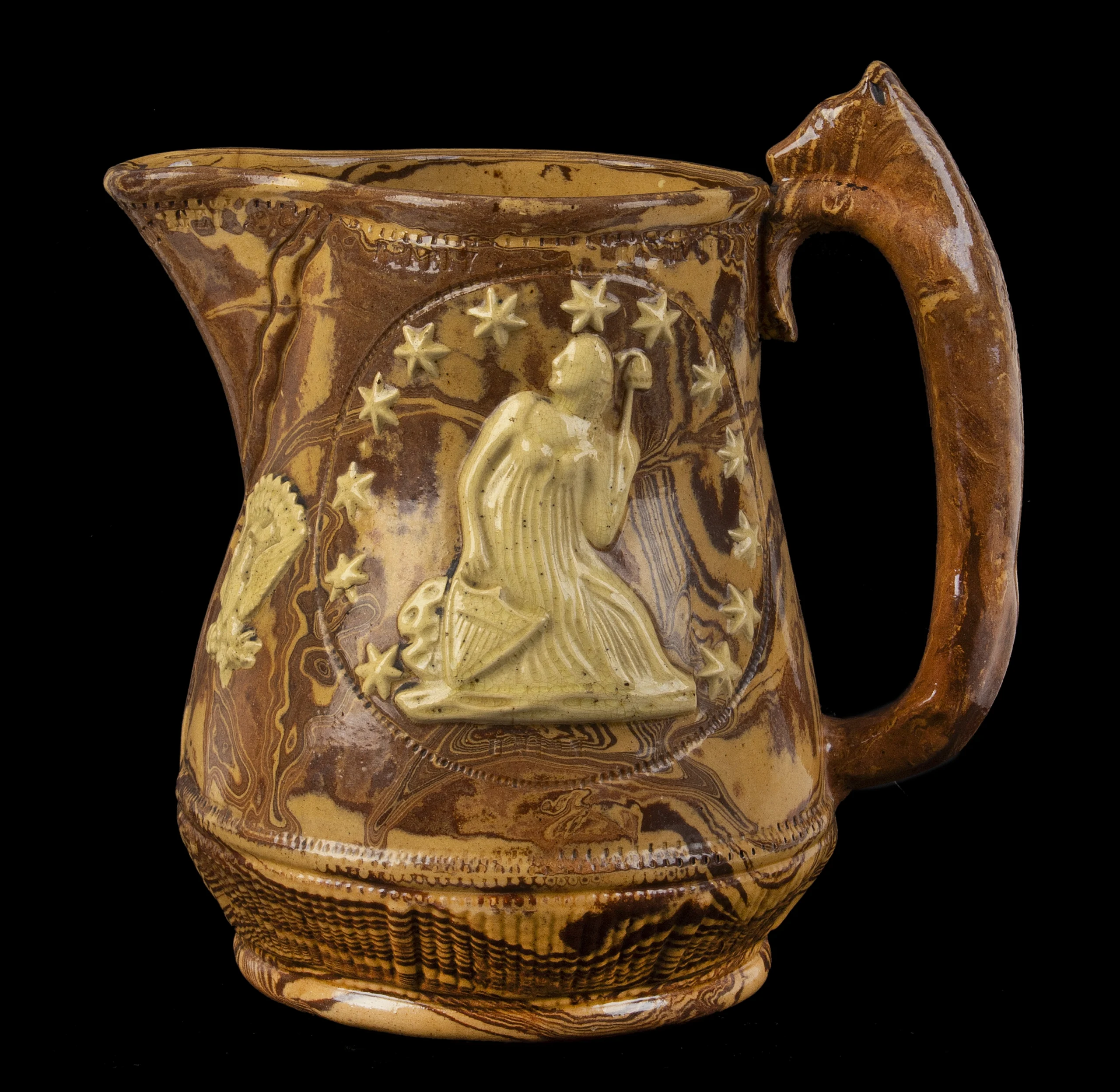 19th Century Presentation Patriotic Hound-Handle Scroddled Earthenware Pitcher