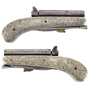 Belgian Single Blade Knife Pistol, Beautiful Engraved German Silver Scales Inventory Thumbnail