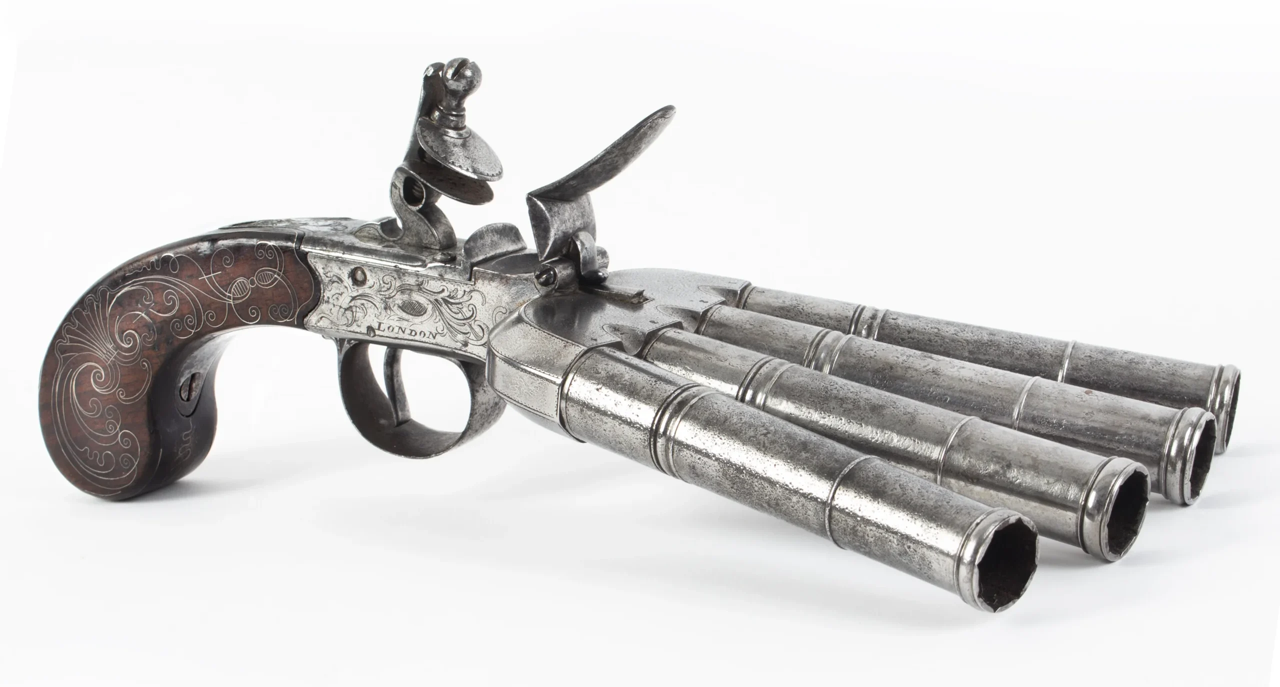 Rare British Four Barrel Duckfoot Flintlock Pistol by Barbar of London