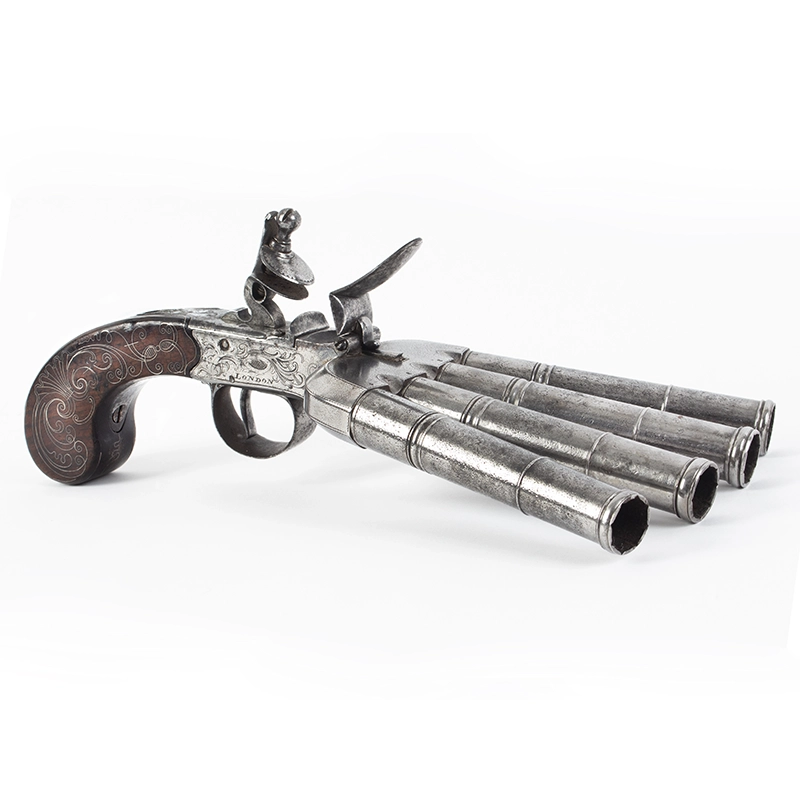 Rare British Four Barrel Duckfoot Flintlock Pistol by Barbar of London Inventory Thumbnail