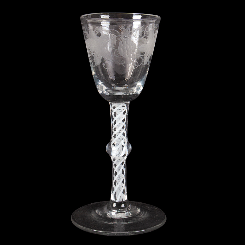Georgian Wine Glass, Etched & Engraved Bowl, Air Twist Stem, Conical Foot