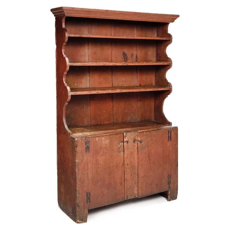 Fine Early American Pewter Cupboard, Scalloped Open Top, Old Red Wash