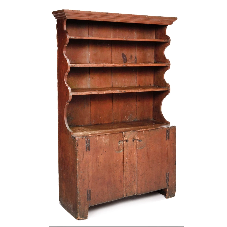 Fine Early American Pewter Cupboard, Scalloped Open Top, Old Red Wash