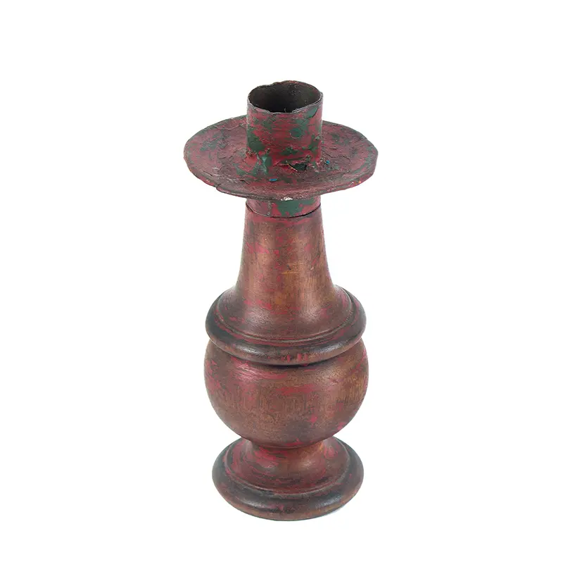 Treen Candlestick, Sheet Iron Socket & Drip Pan, Old Red Over Green