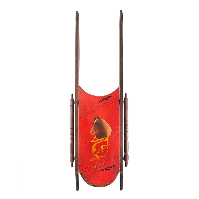Paint Decorated Child’s Wood and Iron Sled Featuring a Painted Horse