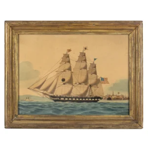 Black Ball Liner, Clipper Ship in New York Harbor, Signed Lower Left: L.A. Brigg Inventory Thumbnail
