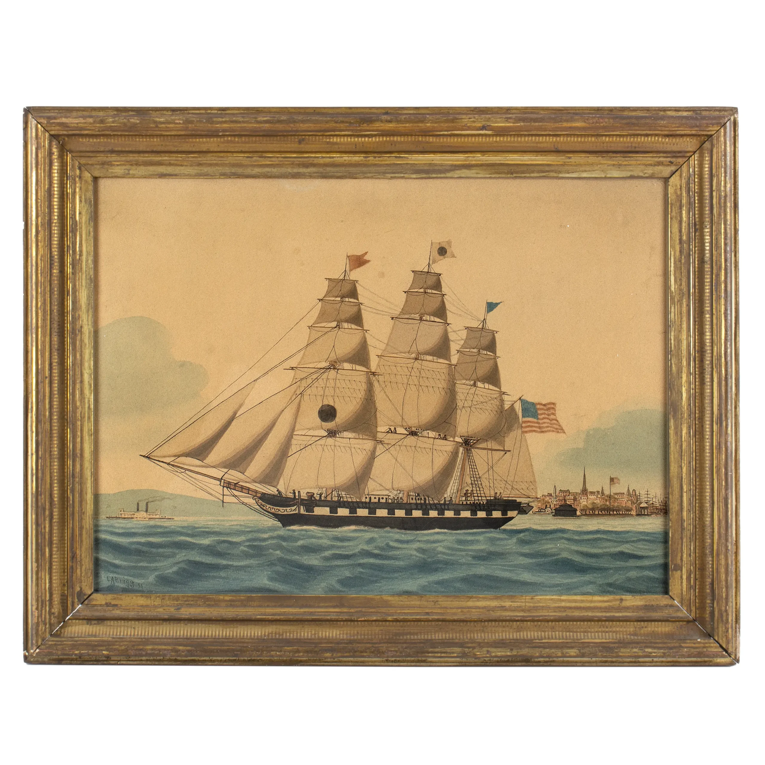 Black Ball Liner, Clipper Ship in New York Harbor, Signed Lower Left: L.A. Brigg
