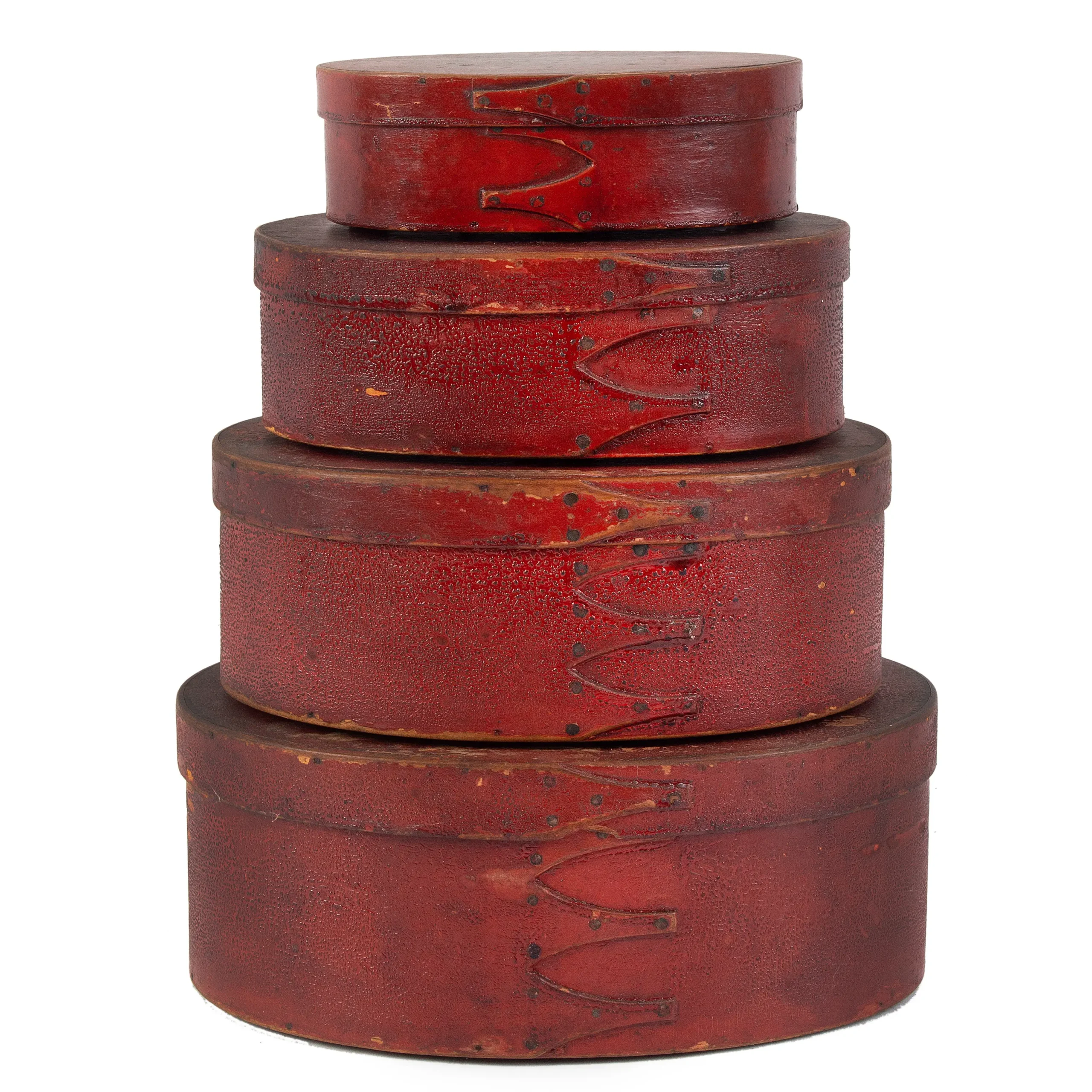 Shaker Painted Bentwood Oval Boxes, Four Pantry Boxes in Old Red Paint