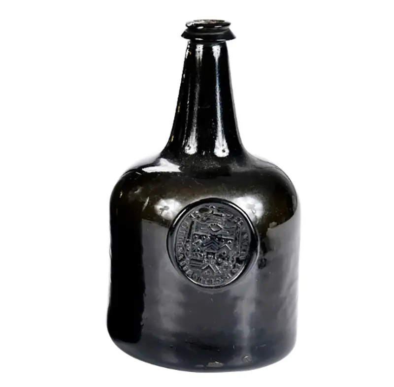 English Black Glass Sealed Squat Cylinder Bottle, Large Complex Armorial Seal 