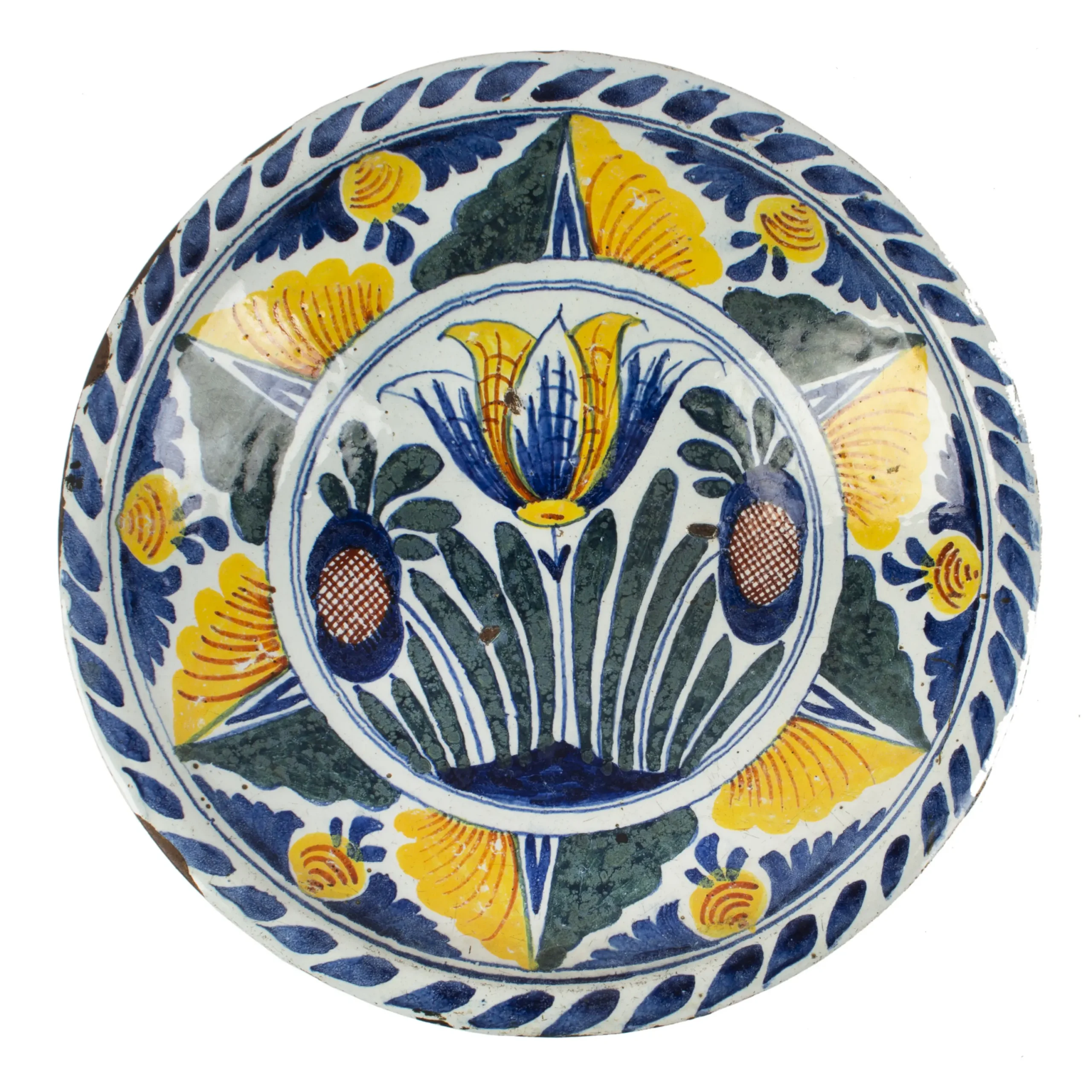 English Delftware Tulip Charger, with Blue Dash Border