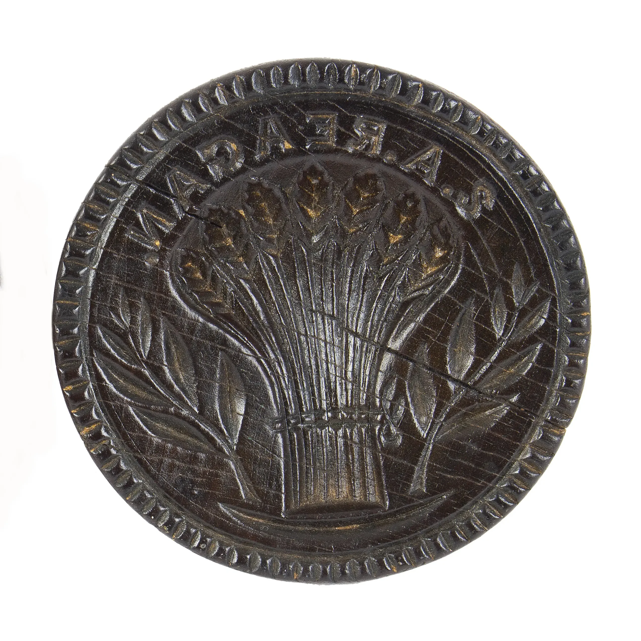 A Rare Named Butter Print / S.A. Reagan / Sheaf of Wheat & Sprigs