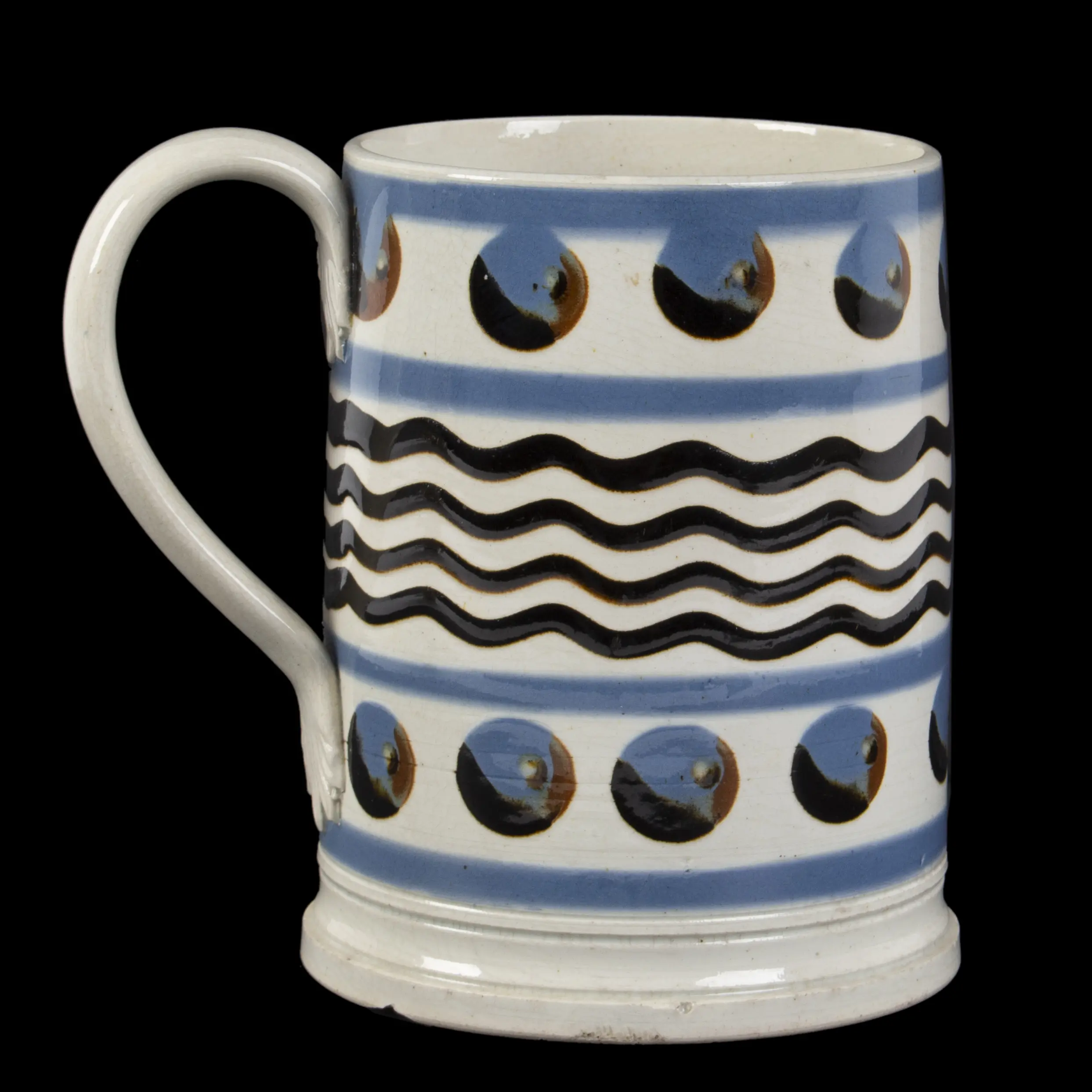 Mochaware, Banded, Wavy Line and Cats Eye Decorated Mug / Tankard