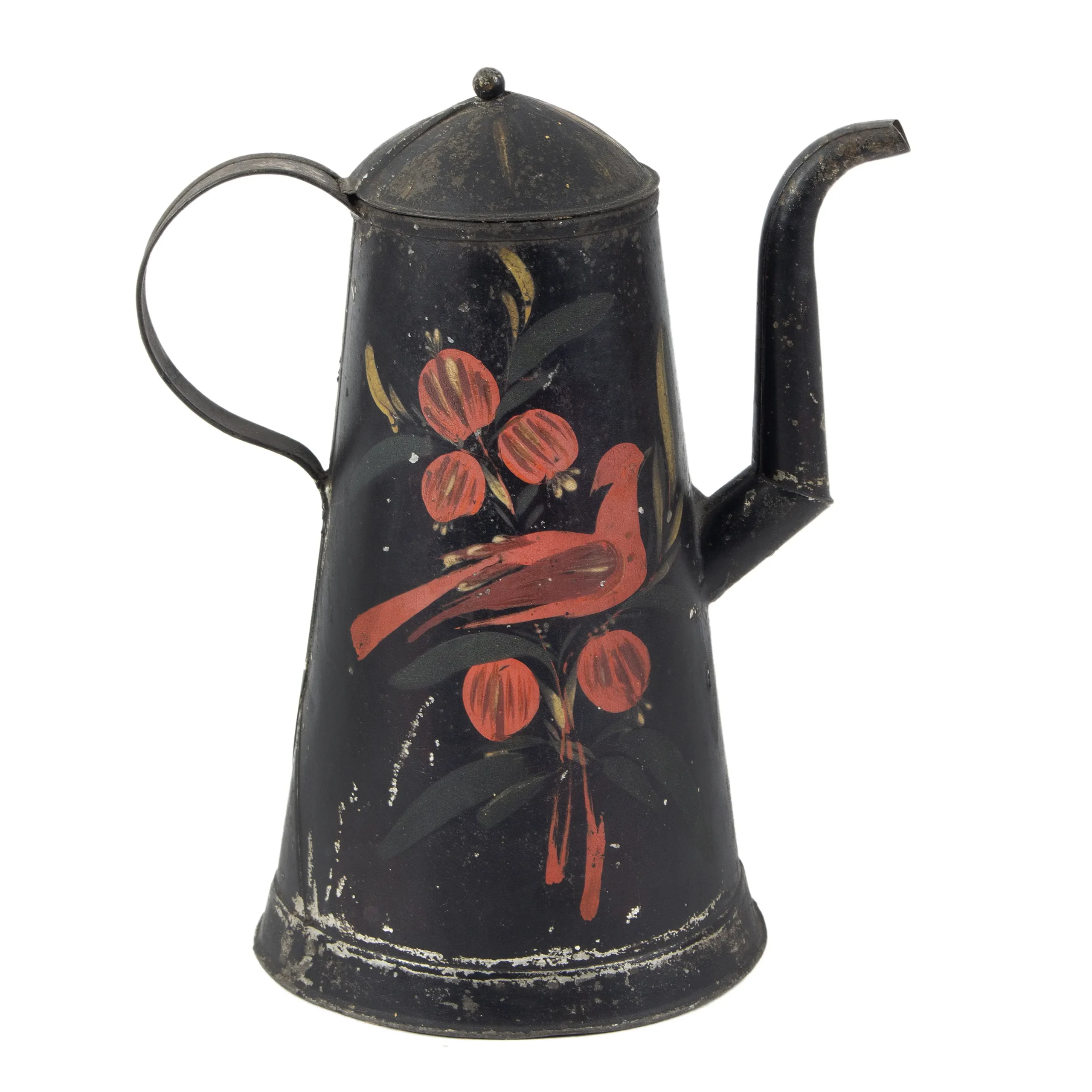American Painted Tinware Crooked Spout Coffeepot Cardinal Decoration