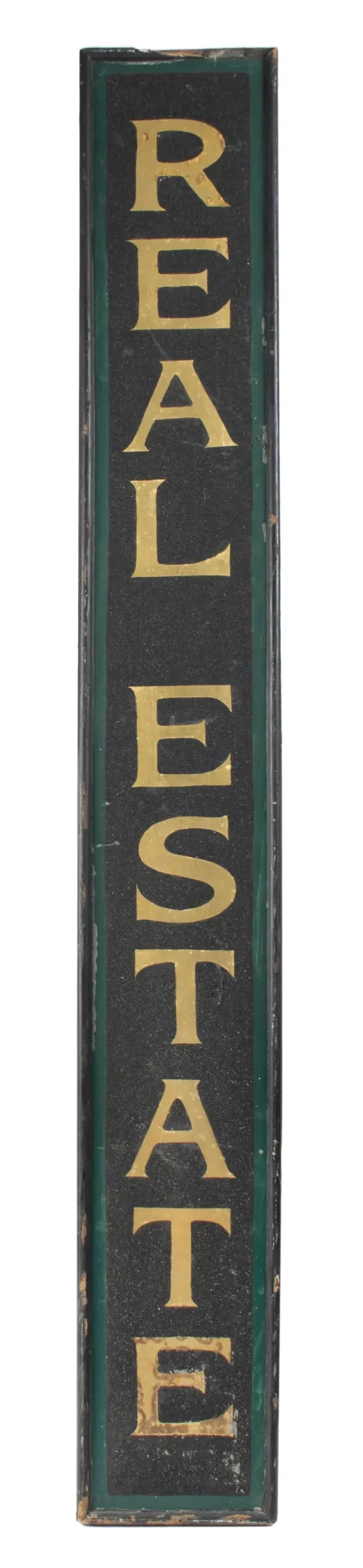 Vertical Trade Sign – Real Estate – Gold Gilt Lettering on Smaltz, Green Trim
