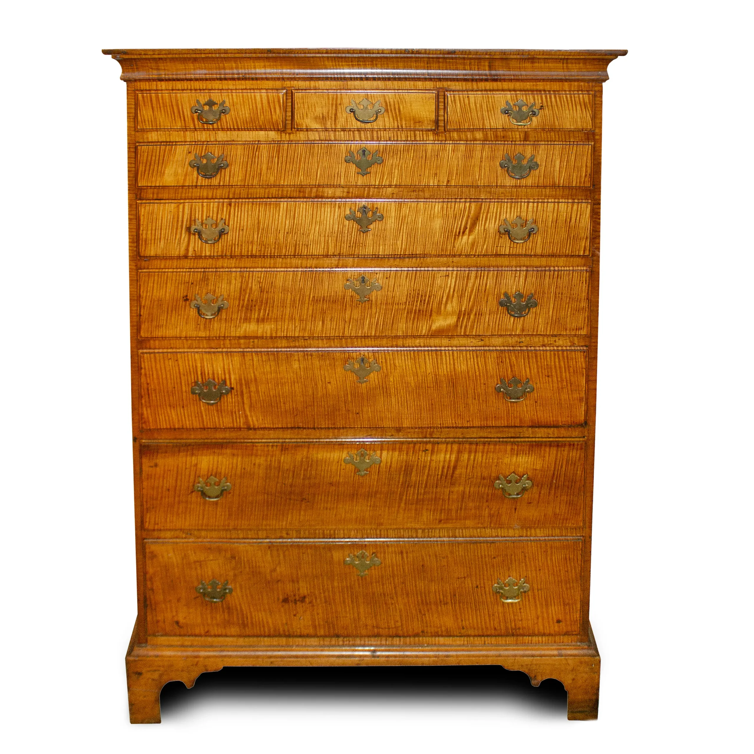 Chippendale Tiger Maple Tall Chest of Drawers, Southeastern Massachusetts
