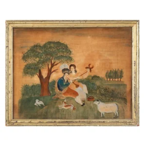Pastoral Romance, Schoolgirl Art, Watercolor on Velvet Inventory Thumbnail
