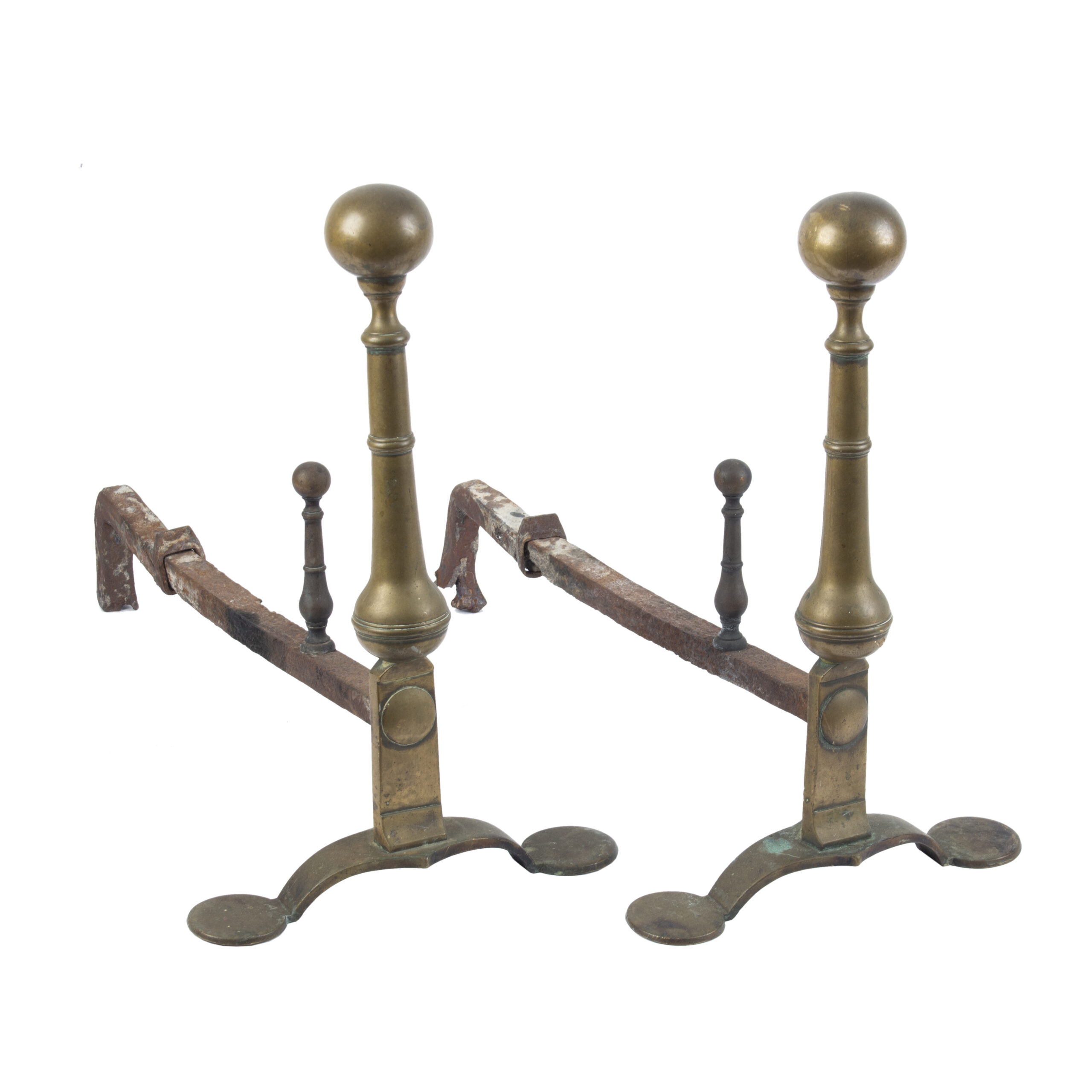 Rare Pair of Brass Ball-Topped Andirons Assigned to Newport, RI Tradition