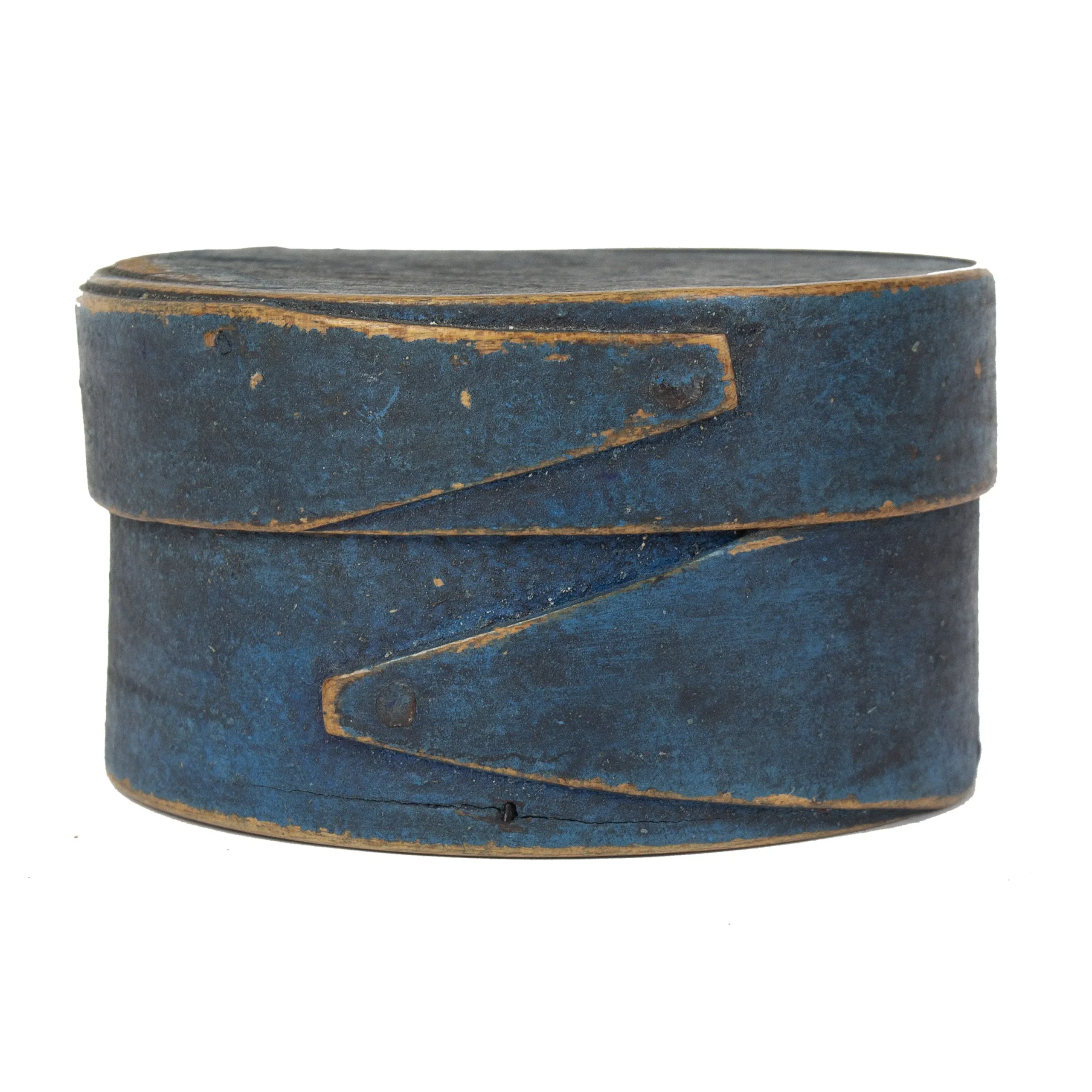 Small Round Bentwood Band Box in Original Blue Paint, Likely Hingham