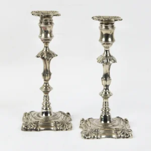 Fine, English Queen Anne Packtong Candlesticks & Bobeches of Superb Quality Inventory Thumbnail