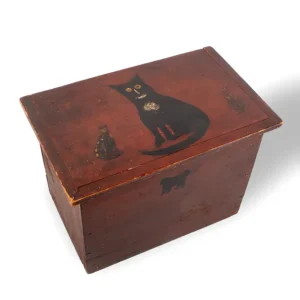 Nineteenth Century Lidded Box Decorated with a Folk Art Cat, Original Paint Inventory Thumbnail