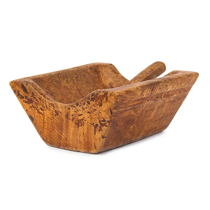 Burl, Wedge Form Carved Tabletop Container with Spoon