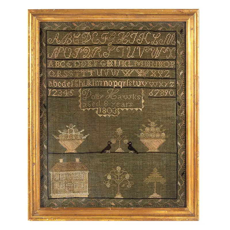 Green Linen Sampler, Wrought by Dolly Hawks, Aged 8 Years, 1803