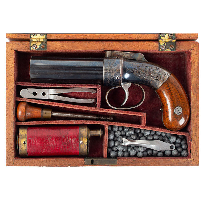 Fine Cased Allen & Thurber Worcester Six-Shot Barrel Cluster, Percussion Pepperbox with Accessories Inventory Thumbnail