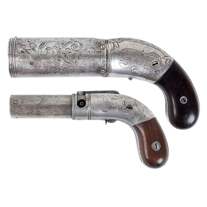 Exceptional Assembled Pair of Rare Pecare & Smith New York Percussion Pepperbox Pistols, Representing Both Known Models Inventory Thumbnail