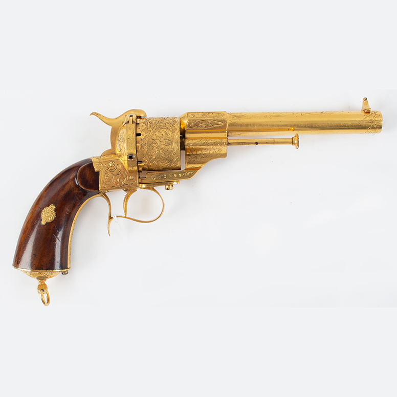 Exceptional Gold-Plated and Engraved Eugène Lefaucheux 12mm Pinfire Revolver, Retailed by Ferdinand Claudin, Paris Inventory Thumbnail