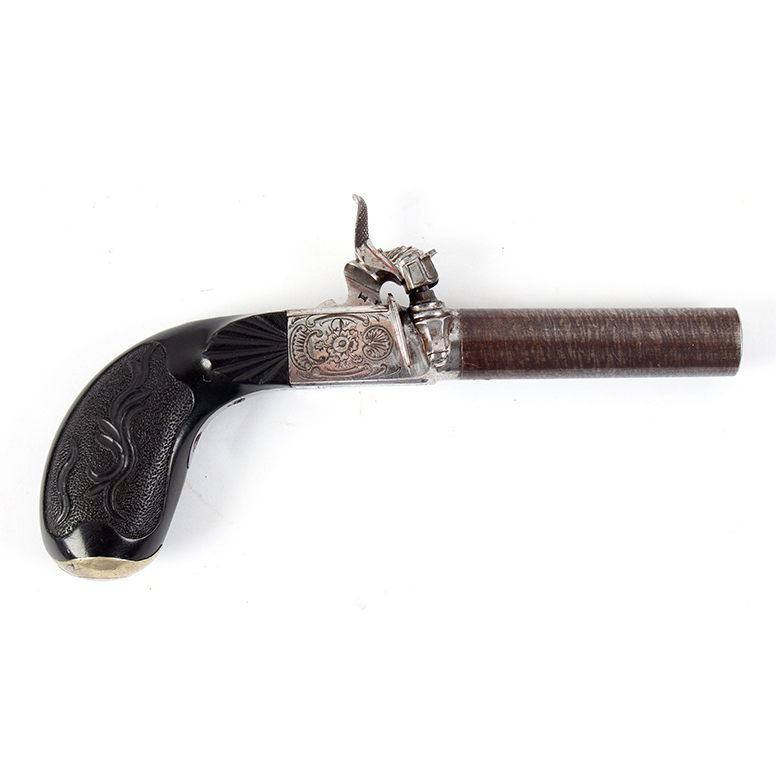 Fine French Engraved Percussion Boxlock Pocket Pistol with Relief-Carved Ebony Grip Inventory Thumbnail