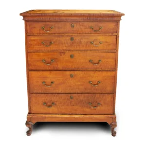 Queen Anne Tiger Maple Chest on Frame, Bandy Legs, Original Brass Hardware Inventory Thumbnail